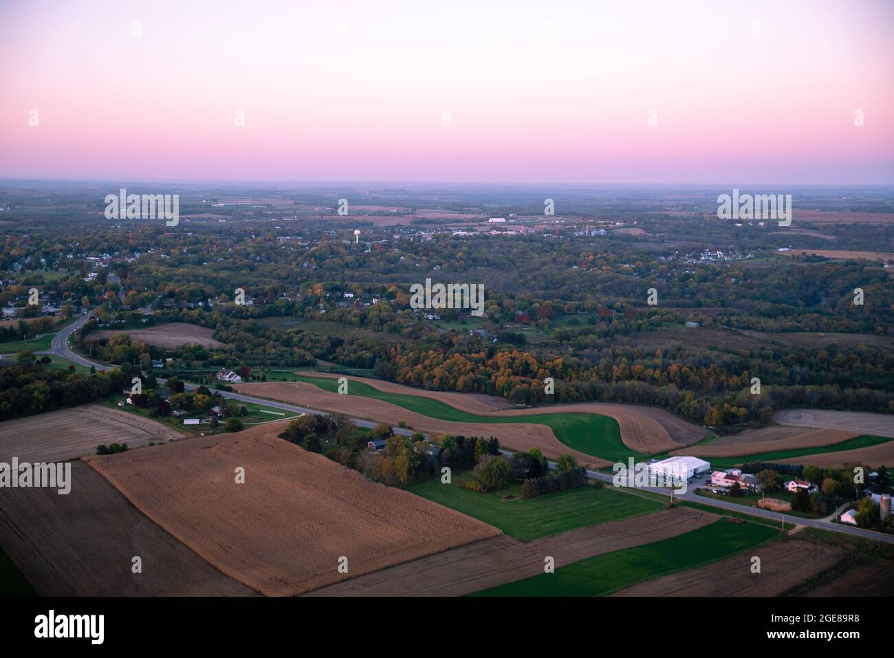 Sunrise aerial image over Mt. Horeb, Dane County, Wisconsin on a
