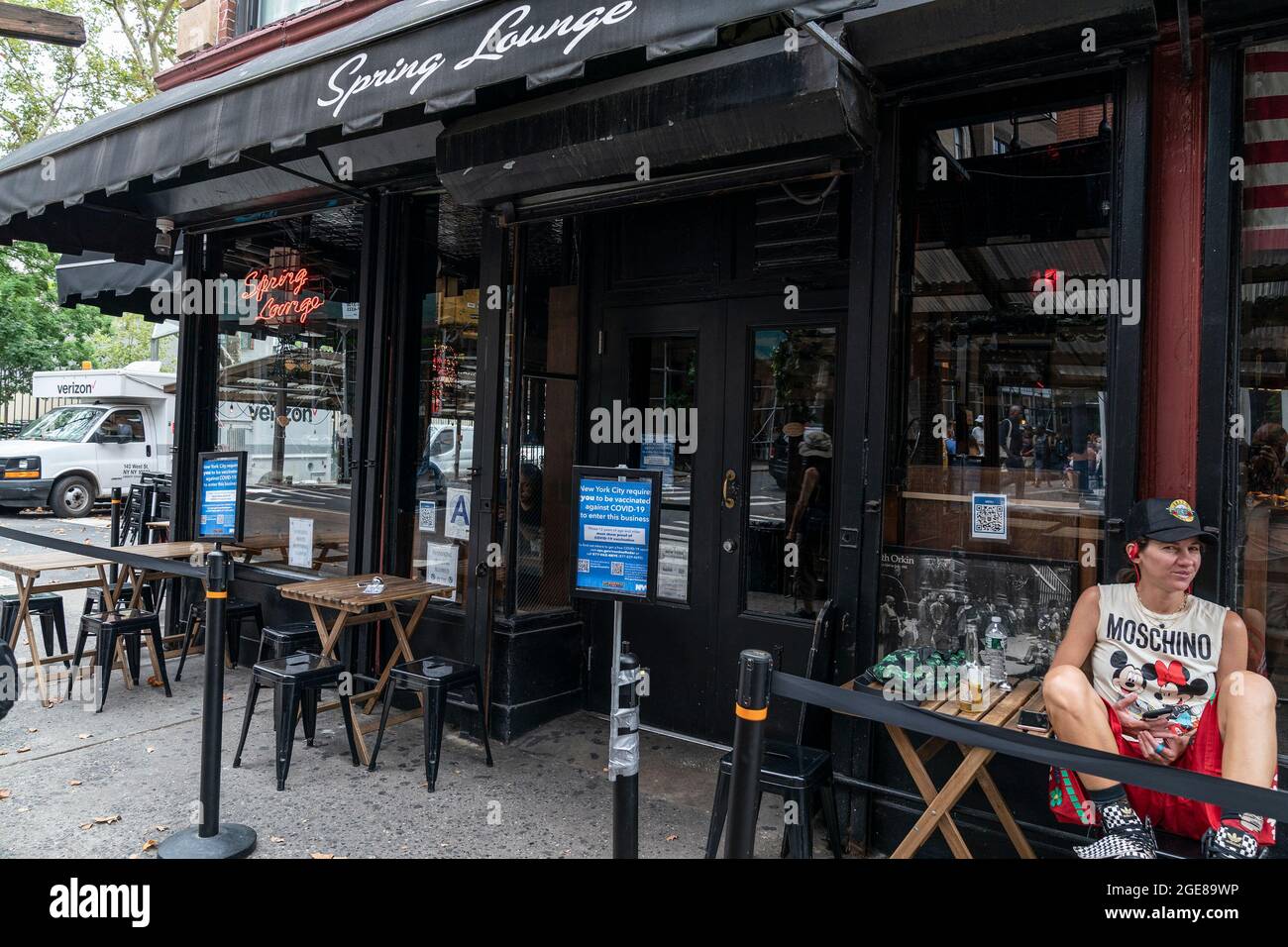 New York, United States. 17th Aug, 2021. View of Spring Lounge restaurant on 1st day of vaccine mandate for indoor dining on order by mayor of the city in New York on August 17, 2021. Posters seen advising clients on new rules for indoor dining. (Photo by Lev Radin/Sipa USA) Credit: Sipa USA/Alamy Live News Stock Photo