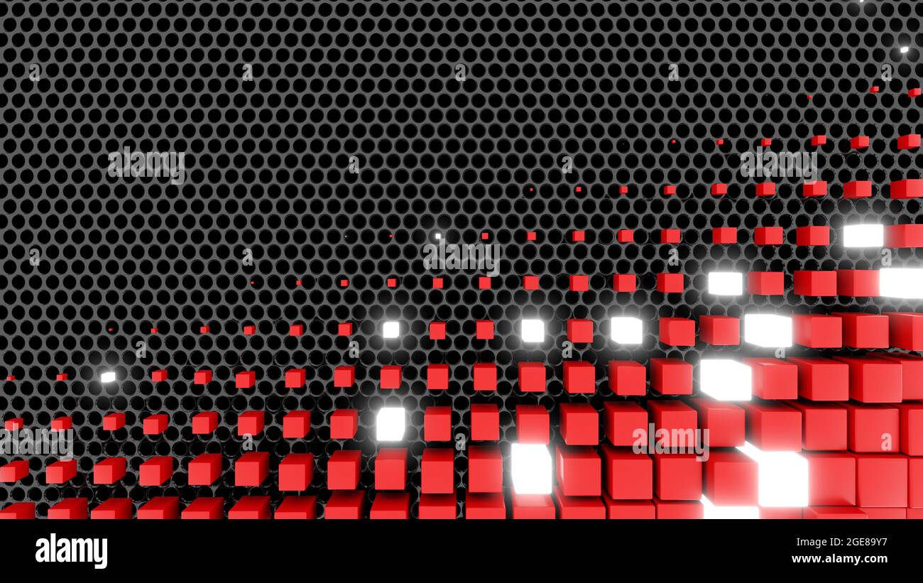 Sci Fy Neon Glowing Lamps On Dark Perforated Wall. Abstract Technology Background. Beautiful Futuristic Wallpaper. Empty Space In The Center. 3D Rende Stock Photo