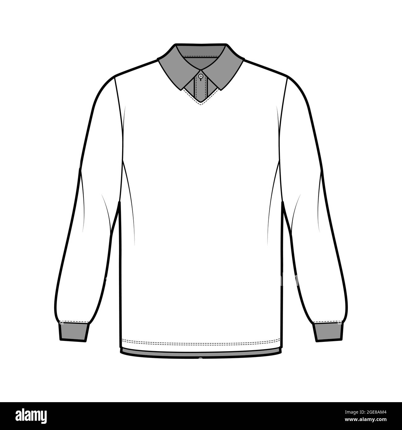 Shirt double technical fashion illustration with long sleeves, tunic length, henley neck, oversized, flat classic collar. Apparel top outwear template front, white color. Women men CAD mockup Stock Vector