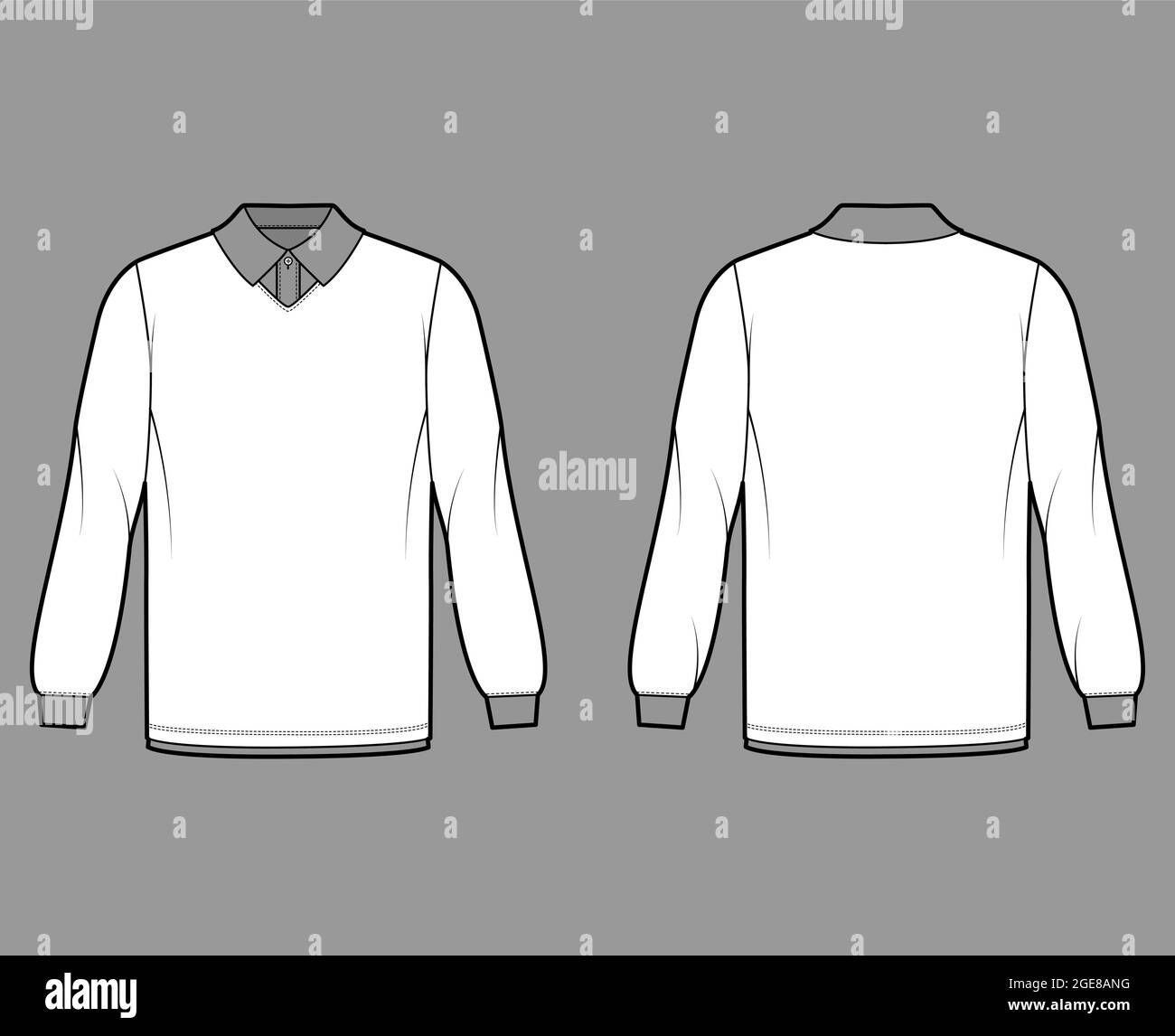 Shirt double technical fashion illustration with long sleeves, tunic length, henley neck, oversized, flat classic collar. Apparel top outwear template front, back, white color. Women men CAD mockup Stock Vector