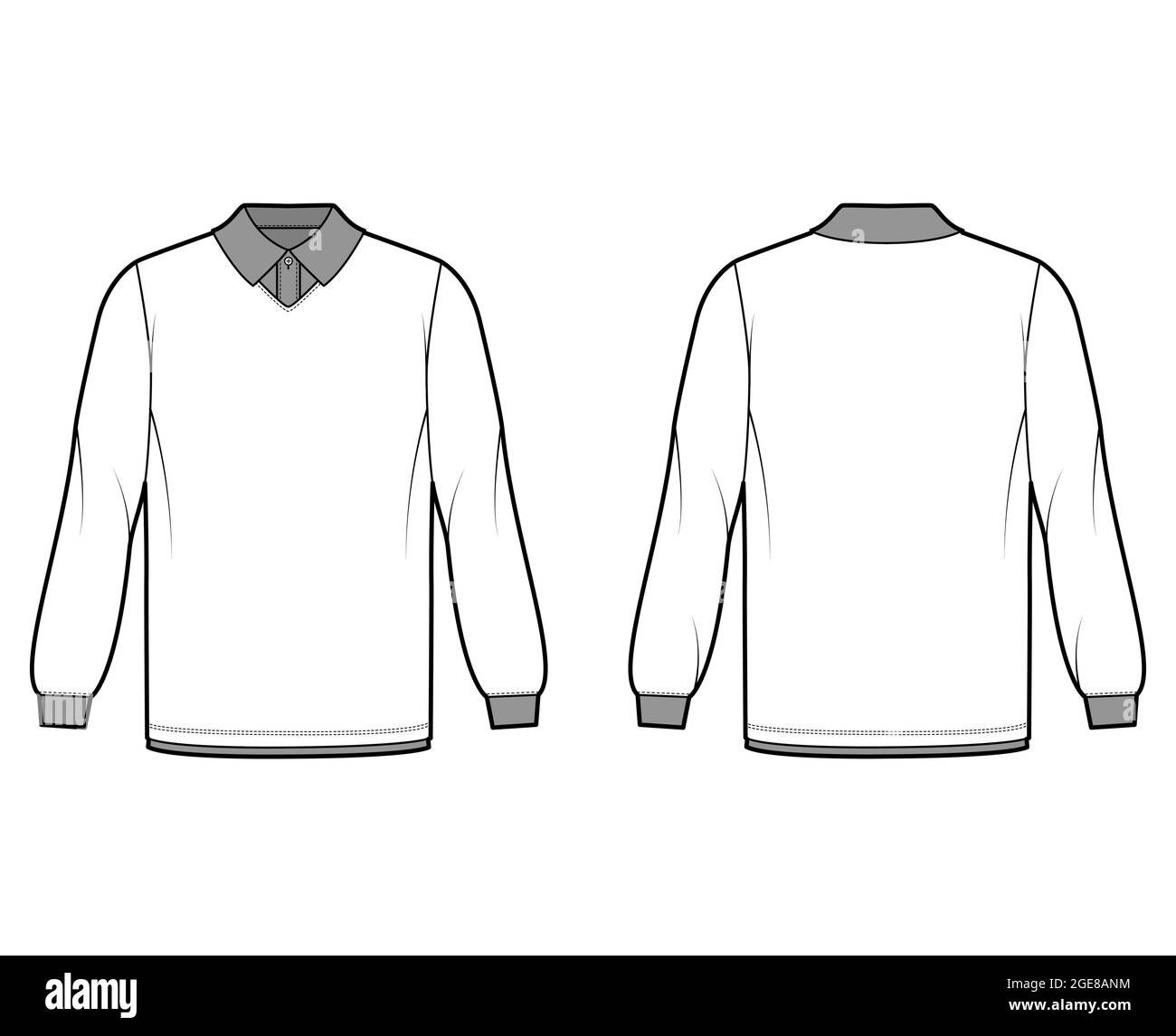 Shirt double technical fashion illustration with long sleeves, tunic length, henley neck, oversized, flat classic collar. Apparel top outwear template front, back, white color. Women men CAD mockup Stock Vector