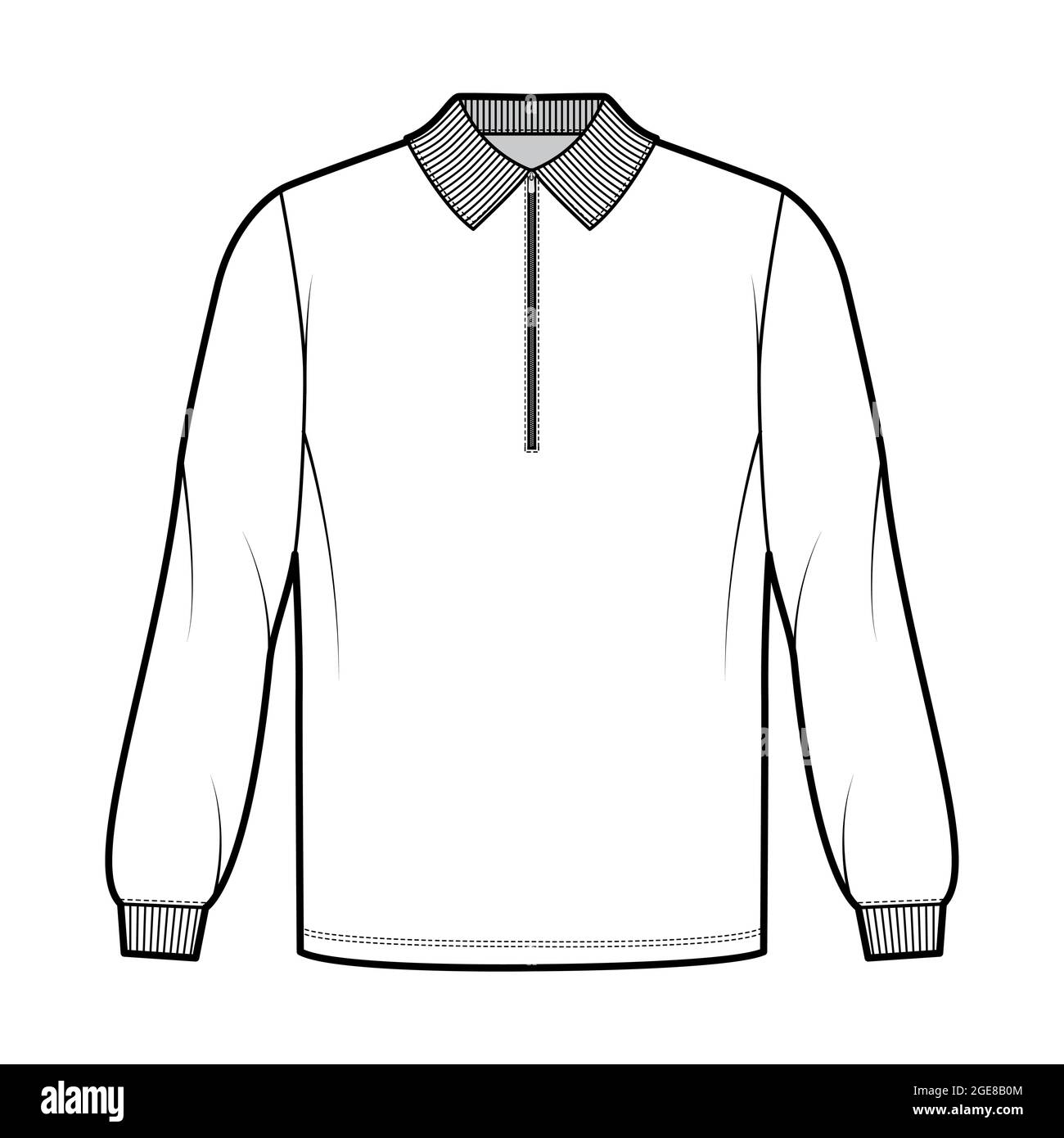 Shirt zip-up polo technical fashion illustration with long sleeves, tunic length, henley neck, oversized, flat knit collar. Apparel top outwear template front, white color. Women men CAD mockup Stock Vector