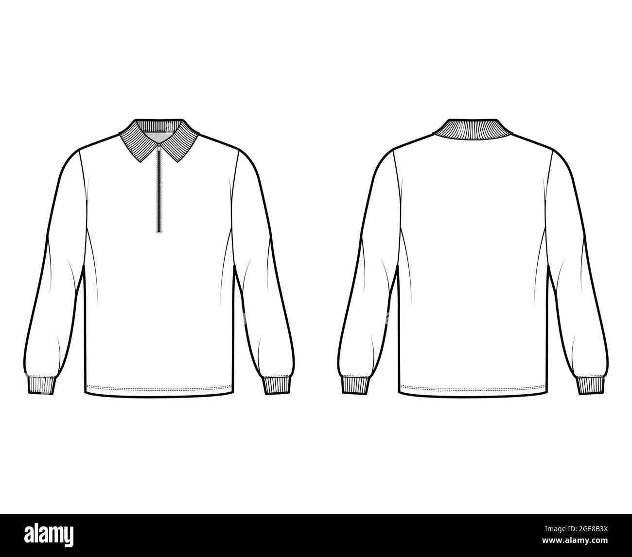 Shirt zip-up polo technical fashion illustration with long sleeves, tunic length, henley neck, oversized, flat knit collar. Apparel top outwear template front, back, white color. Women men CAD mockup Stock Vector
