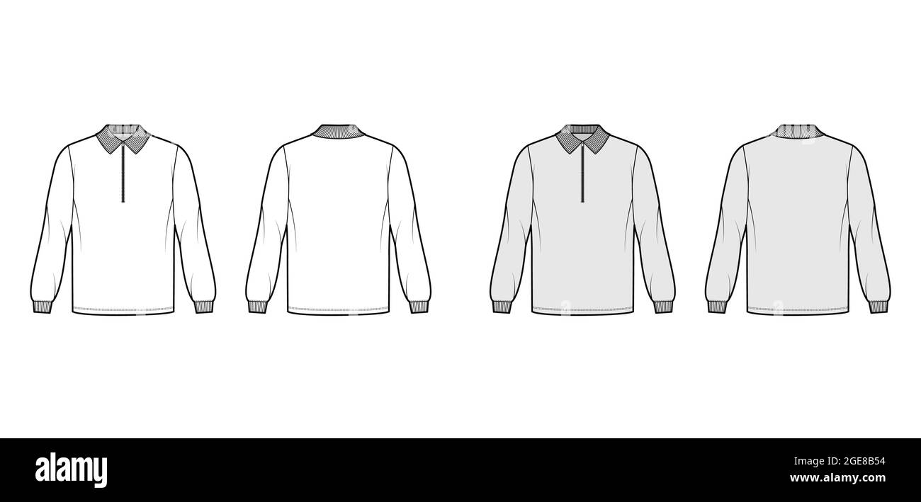 Shirt zip-up polo technical fashion illustration with long sleeves, tunic length, henley neck, oversized, flat knit collar. Apparel top outwear template front, back, white, grey color. Women men CAD Stock Vector