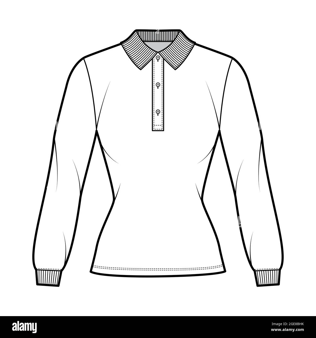 Shirt polo fitted technical fashion illustration with long sleeves, tunic length, henley button neck, flat knit collar. Apparel top outwear template front, white color style. Women unisex CAD mockup Stock Vector