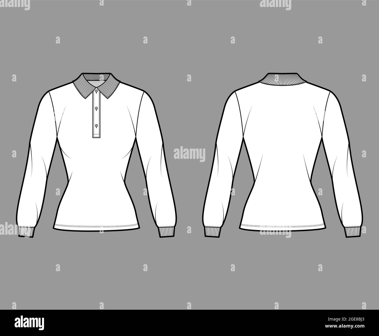 Shirt polo fitted technical fashion illustration with long sleeves, tunic length, henley neck, flat knit collar. Apparel top outwear template front, back white color style. Women men unisex CAD mockup Stock Vector