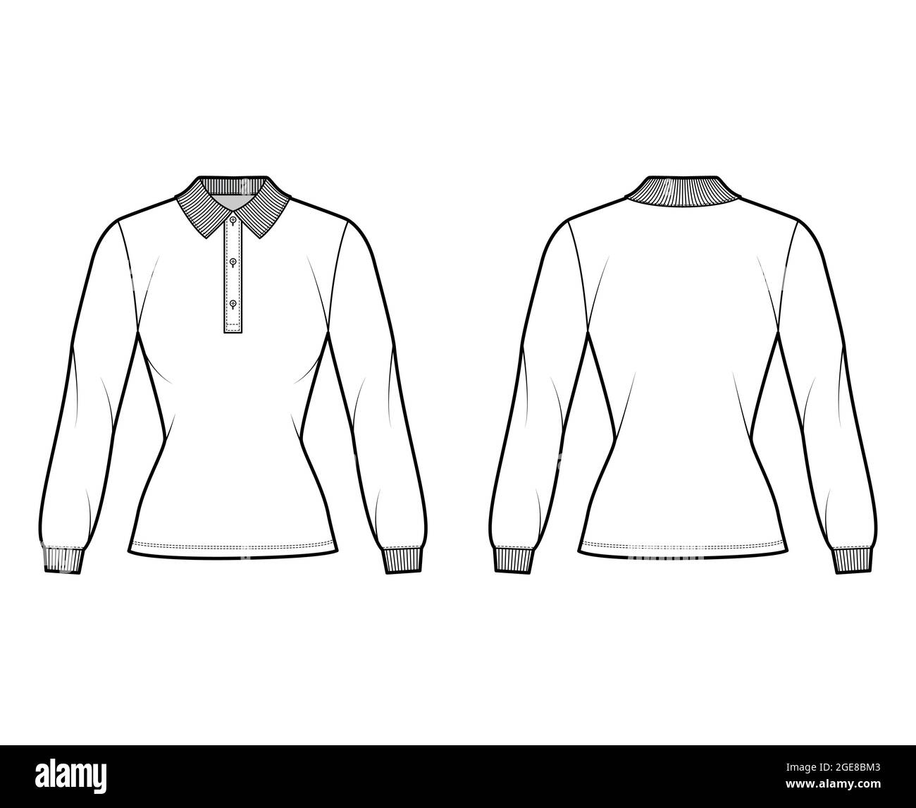 Shirt polo fitted technical fashion illustration with long sleeves, tunic length, henley button neck, flat knit collar. Apparel top outwear template front, back white color style. Women men unisex CAD Stock Vector