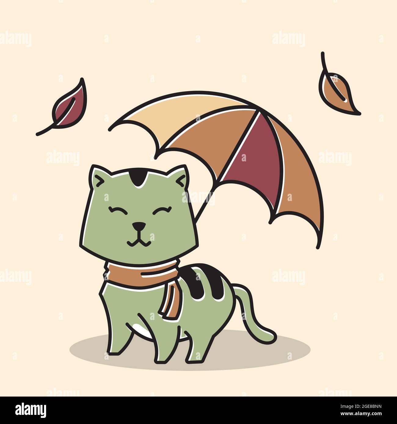 Cat Scarf Standing Smiling Umbrella Autumn Fall Season Cartoon Stock Vector