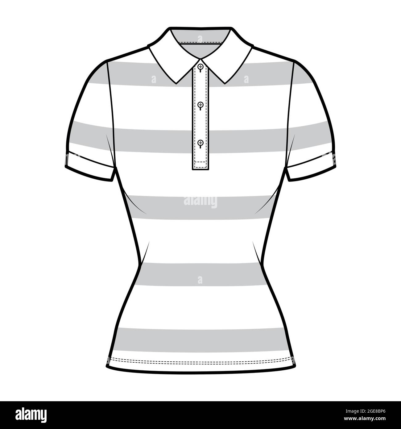 Shirt rugby stripes technical fashion illustration with short sleeves, tunic length,, fitted body, henley polo collar. Apparel top outwear template front, white color style. Women, men, unisex mockup Stock Vector