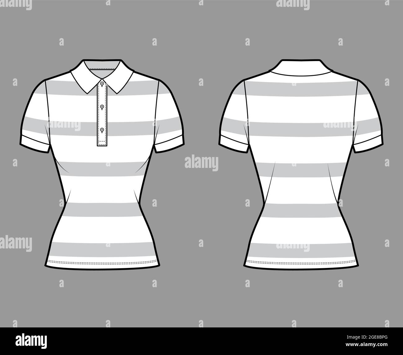 Shirt rugby stripes technical fashion illustration with short sleeves, tunic length,, fitted body, henley polo collar. Apparel top outwear template front, white color style. Women, unisex CAD mockup Stock Vector