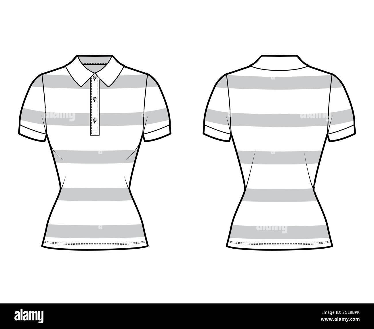 Shirt rugby stripes technical fashion illustration with short sleeves, tunic length,, fitted body, collar. Apparel top outwear template front, back, white color style. Women, men, unisex CAD mockup Stock Vector