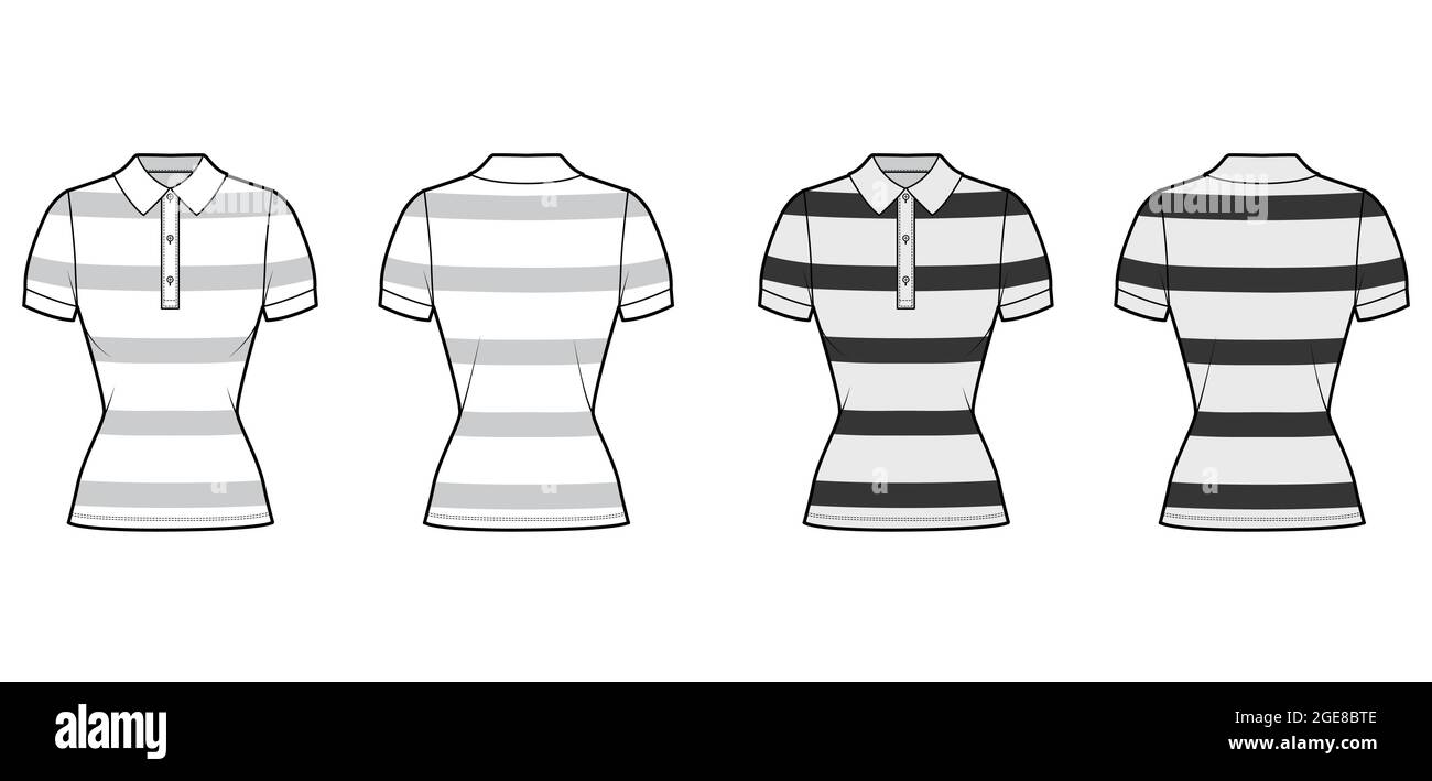 Shirt rugby stripes technical fashion illustration with short sleeves, tunic length,, fitted body, henley polo collar. Apparel template front, back, white, grey color style. Women, unisex CAD mockup Stock Vector