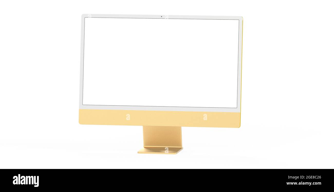 Yellow computer monitor with copyspace on the white screen isolated on