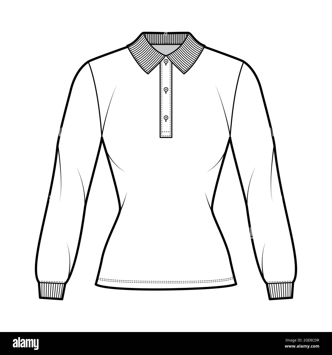 Shirt polo fitted body technical fashion illustration with long sleeves, tunic length, henley button neck, flat knit collar. Apparel top outwear template front white color. Women men unisex CAD mockup Stock Vector