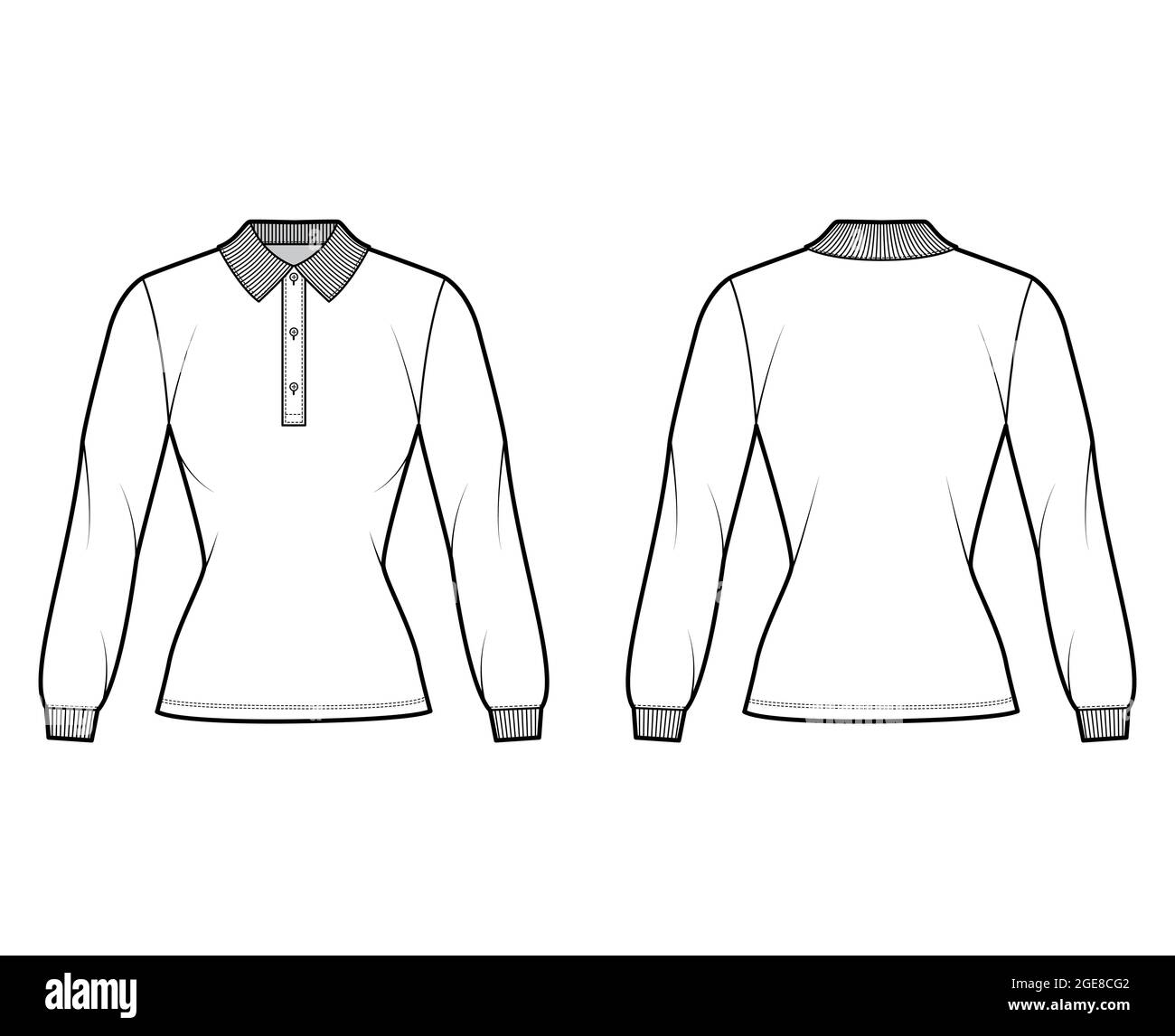 Shirt polo fitted body technical fashion illustration with long sleeves, tunic length, henley button neck, flat knit collar. Apparel top outwear template front, back, white color. Women men CAD mockup Stock Vector