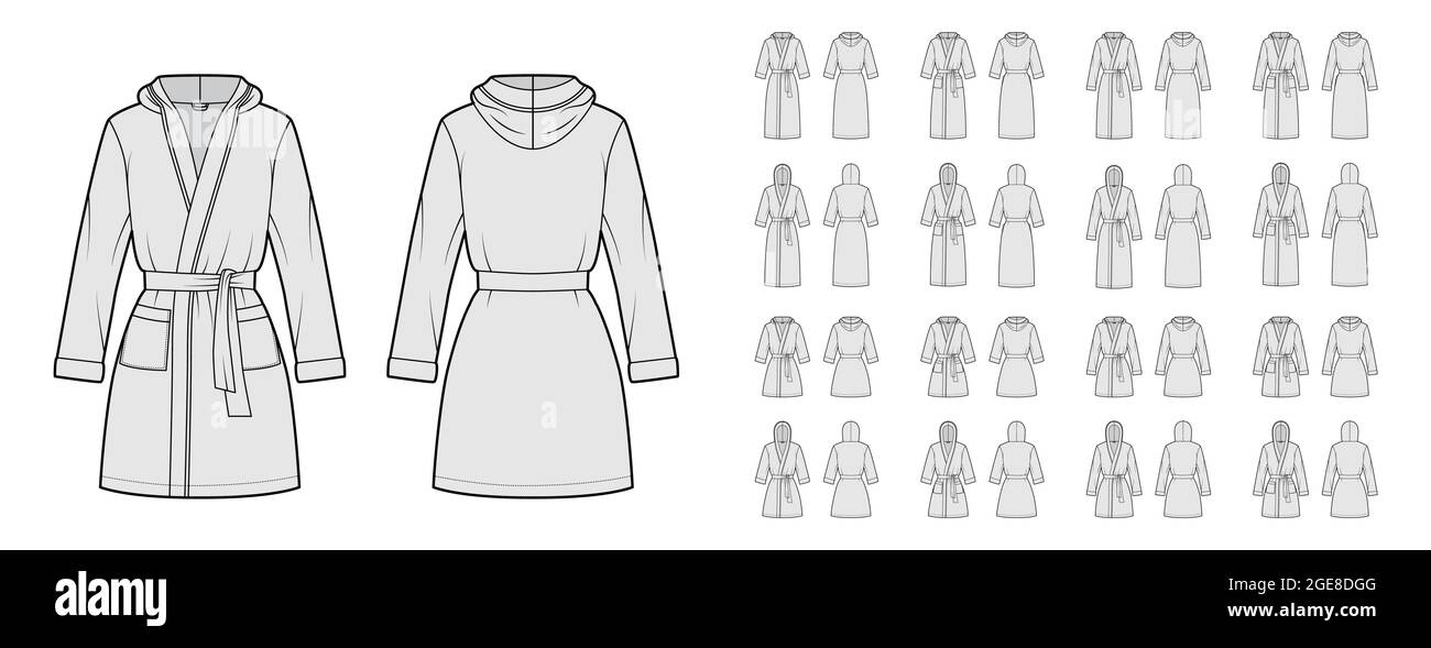 Set of Hooded Bathrobes Dressing gowns technical fashion illustration with wrap opening, mini