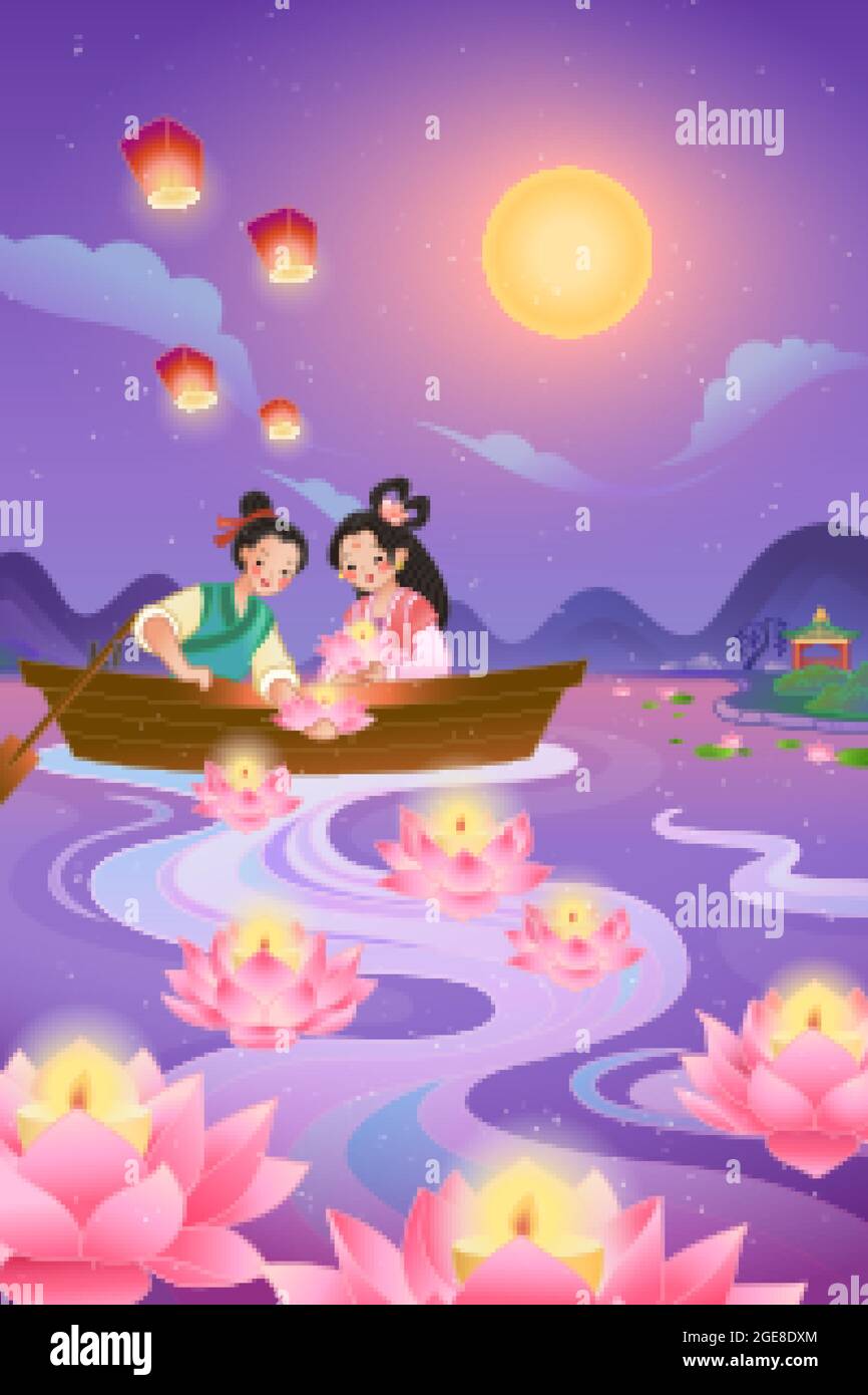 Qixi festival banner. Illustration of cowherd putting lightened candles onto river flowers with weaver girl on boat Stock Vector