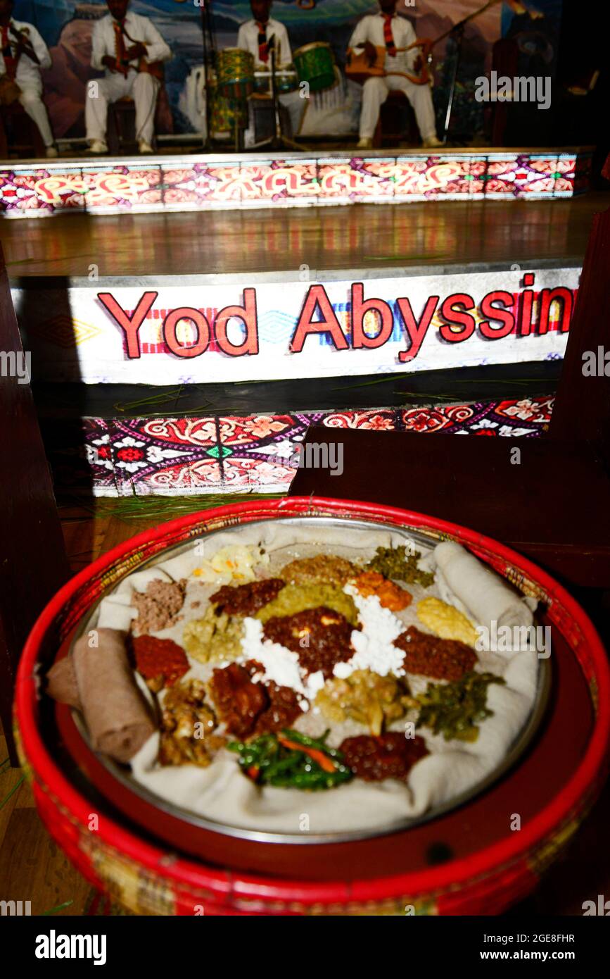 Traditional Ethiopian injera dish served at the Yod Abyssinia