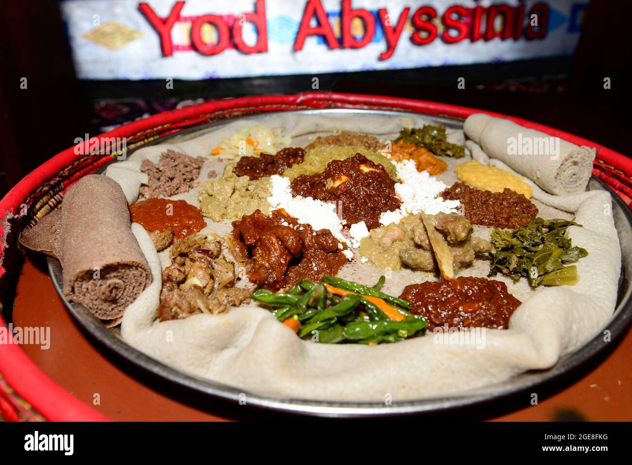 Traditional Ethiopian injera dish served at the Yod Abyssinia