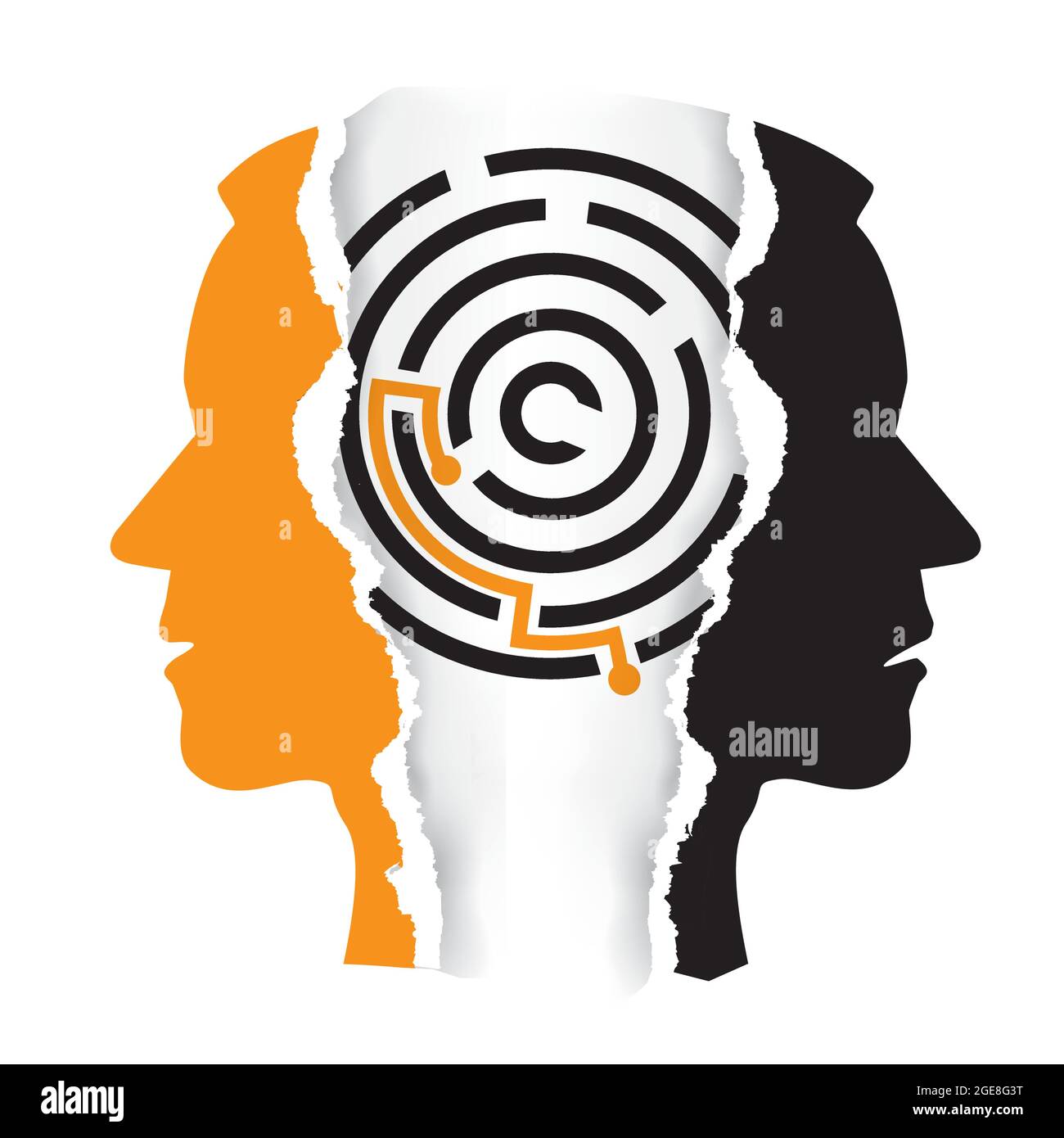 Schizophrenia, depression male heads, maze. Ripped paper Male head silhouettes with labyrinth. Concept symbolizing mental health. Vector available. Stock Vector