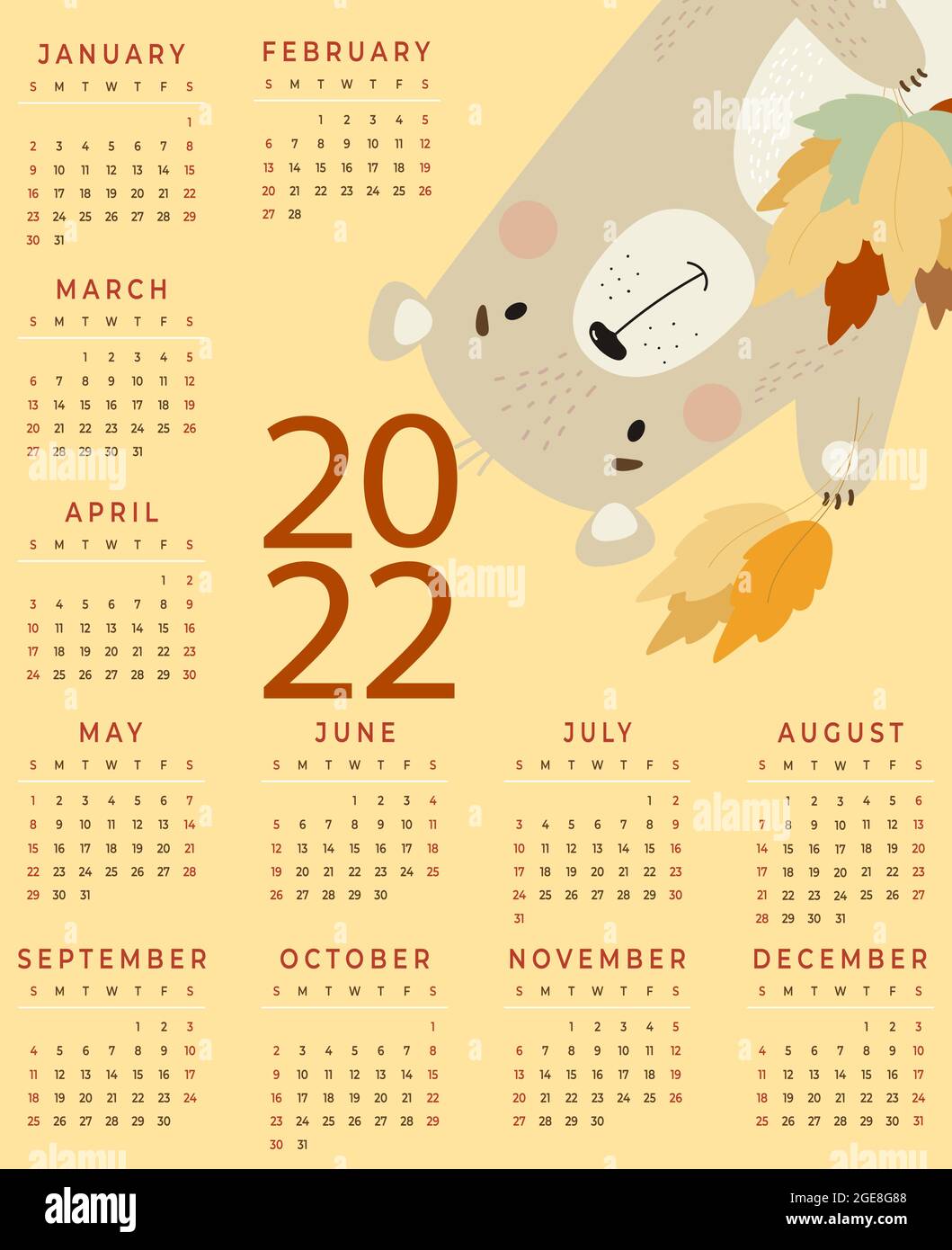 Cute 2022 Calendar Annual Calendar For 2022. Cute Bear With Autumn Leaves On A Yellow  Background. Vector Illustration. Vertical Calendar Template A3 For 12  Months In Stock Vector Image & Art - Alamy