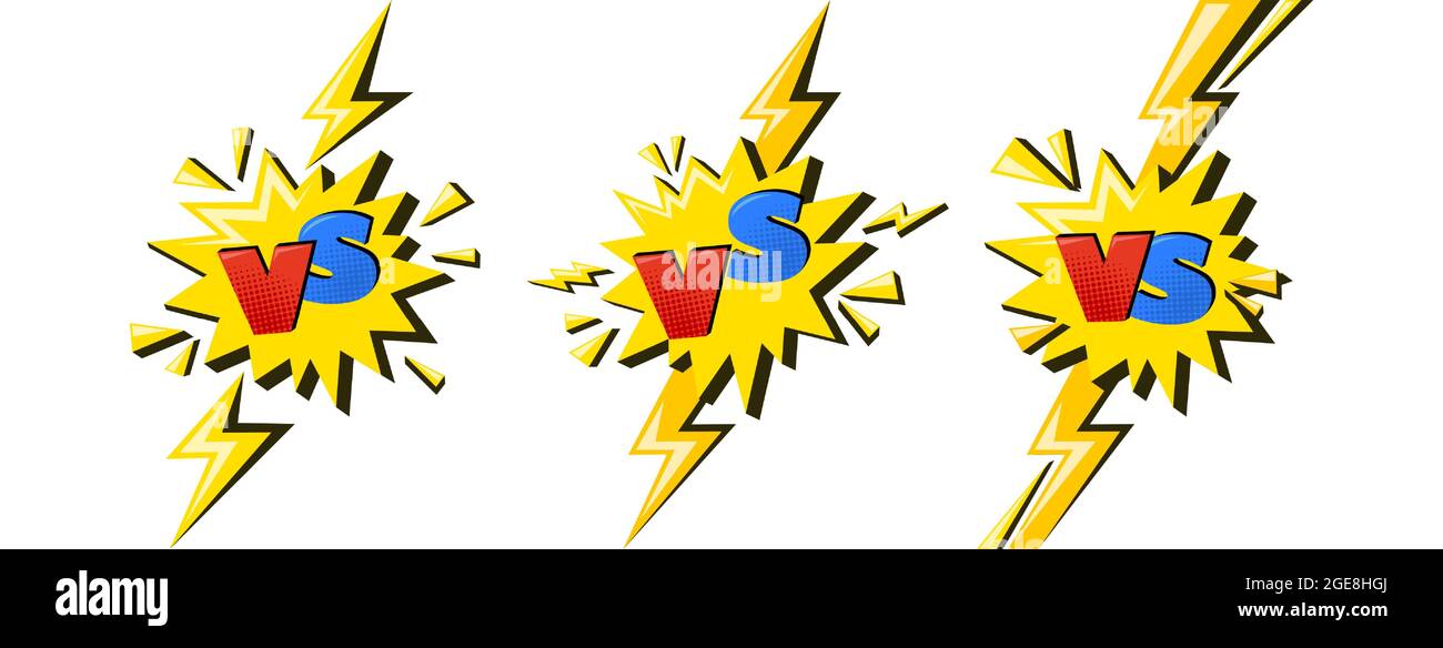 Superhero versus sign with lightning. VS letters in yellow star as symbol of battle and confrontation. Comic vector illustration isolated in white Stock Vector