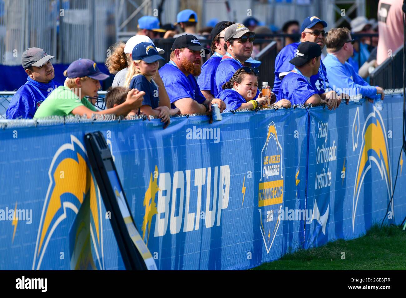Los Angeles Chargers fans observe during training camp on Tuesday, Aug 17, 2021, in Costa Mesa, Calif. (Dylan Stewart/Image of Sport via AP) Stock Photo