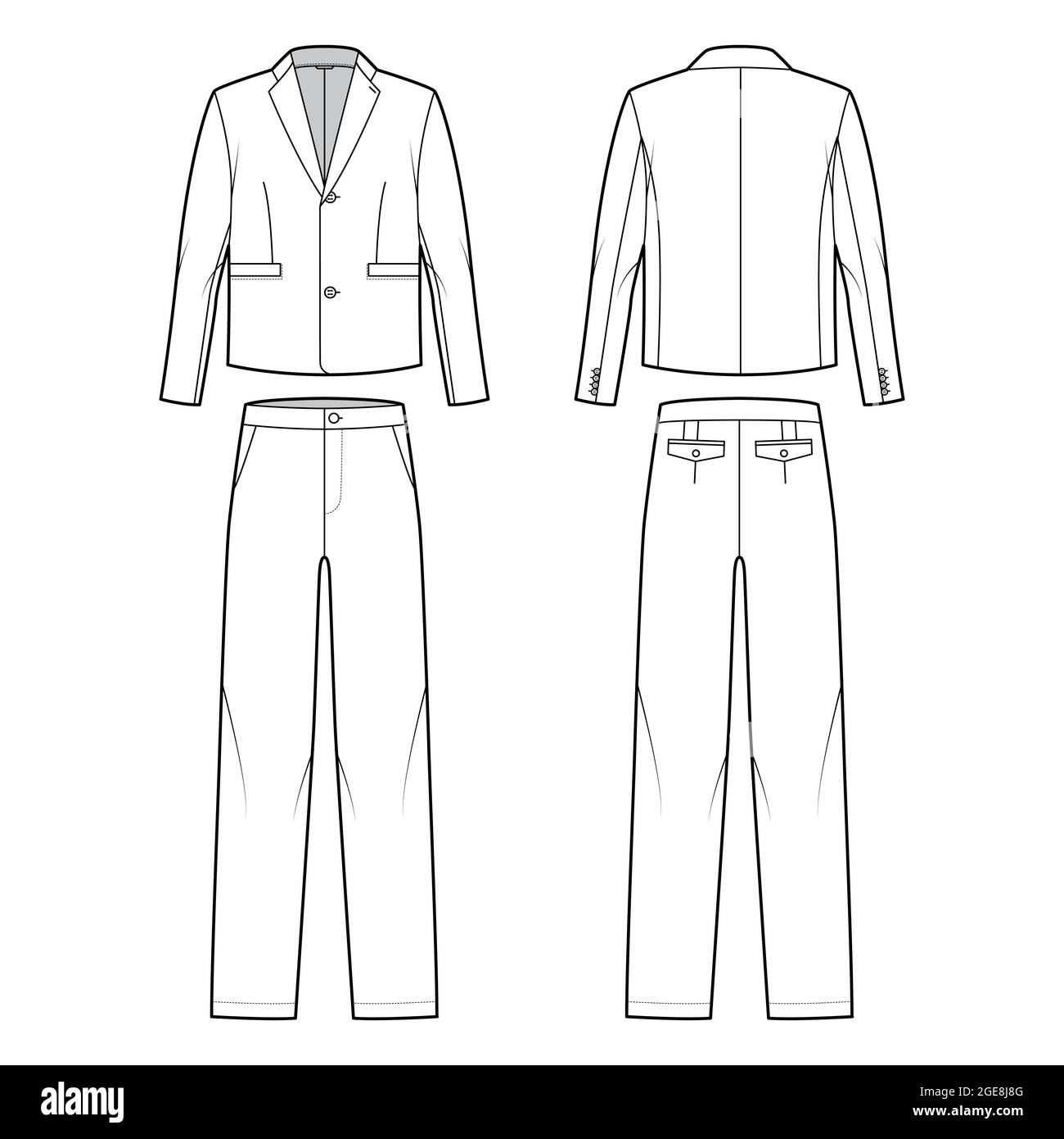 Set of two - piece Suit - classic trouser and jacket technical fashion illustration with single breasted, long sleeves, oversized. Flat apparel template front, back, white color. Women men CAD mockup Stock Vector
