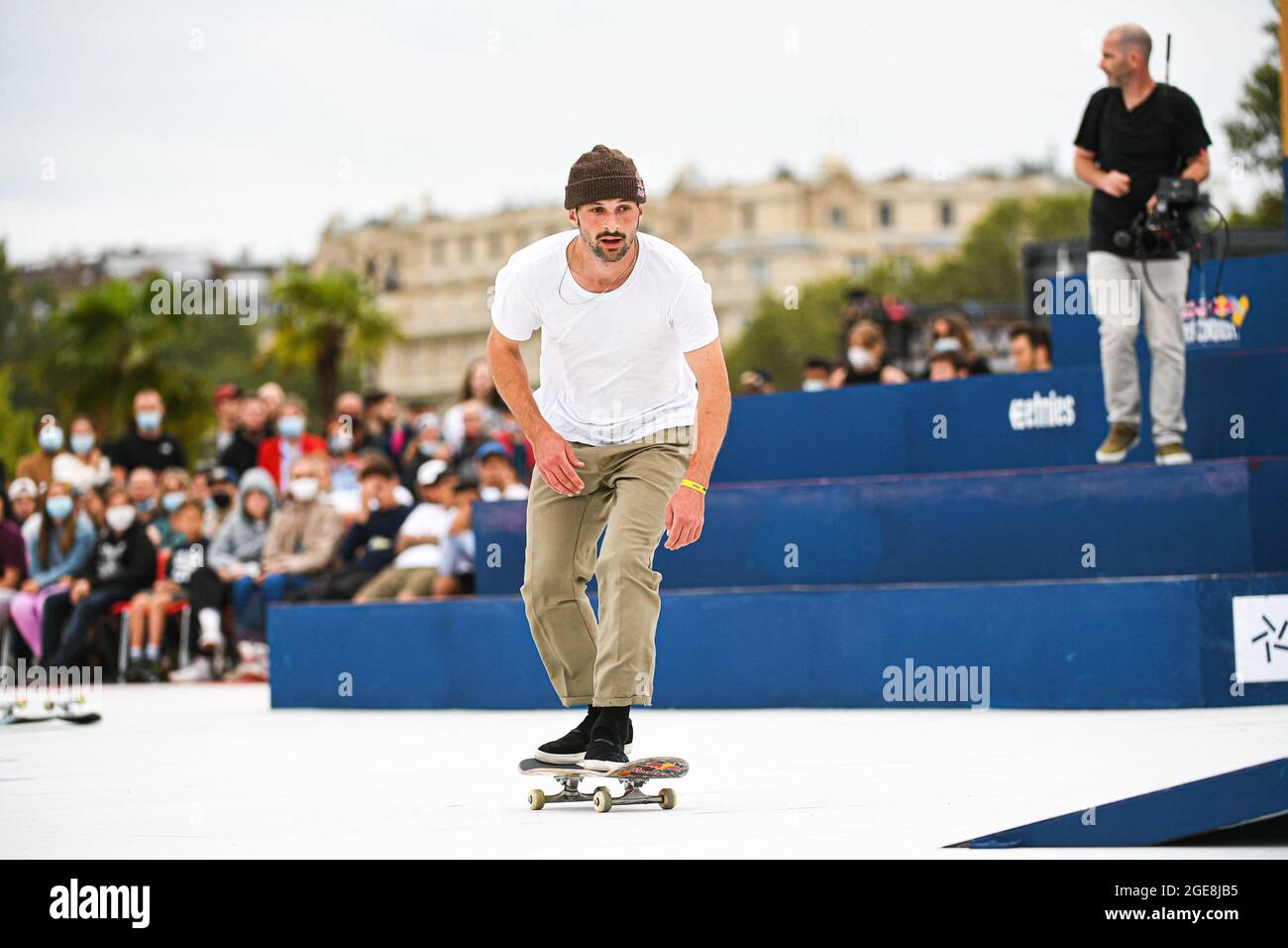 Paris, France. August 17, 2021, Vladik Scholz of Germany competes during  the qualification day of the Red Bull Paris Conquest, where some of the  best street skaters in the world compete head-to-head