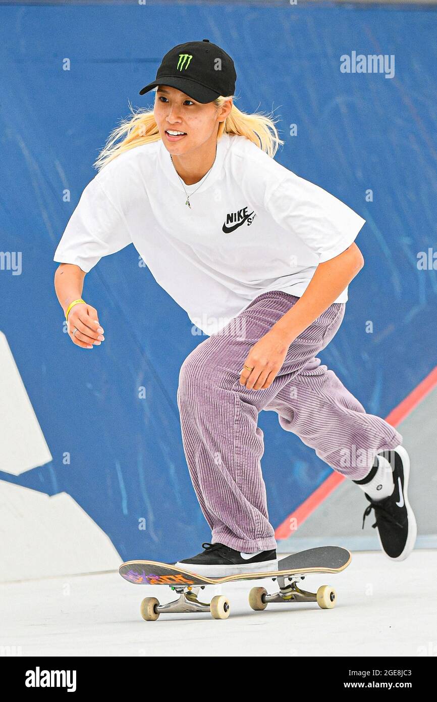 Paris, France. August 17, 2021, Aori Nishimura of Japan competes during the  qualification day of the Red Bull Paris Conquest, where some of the best  street skaters in the world compete head-to-head