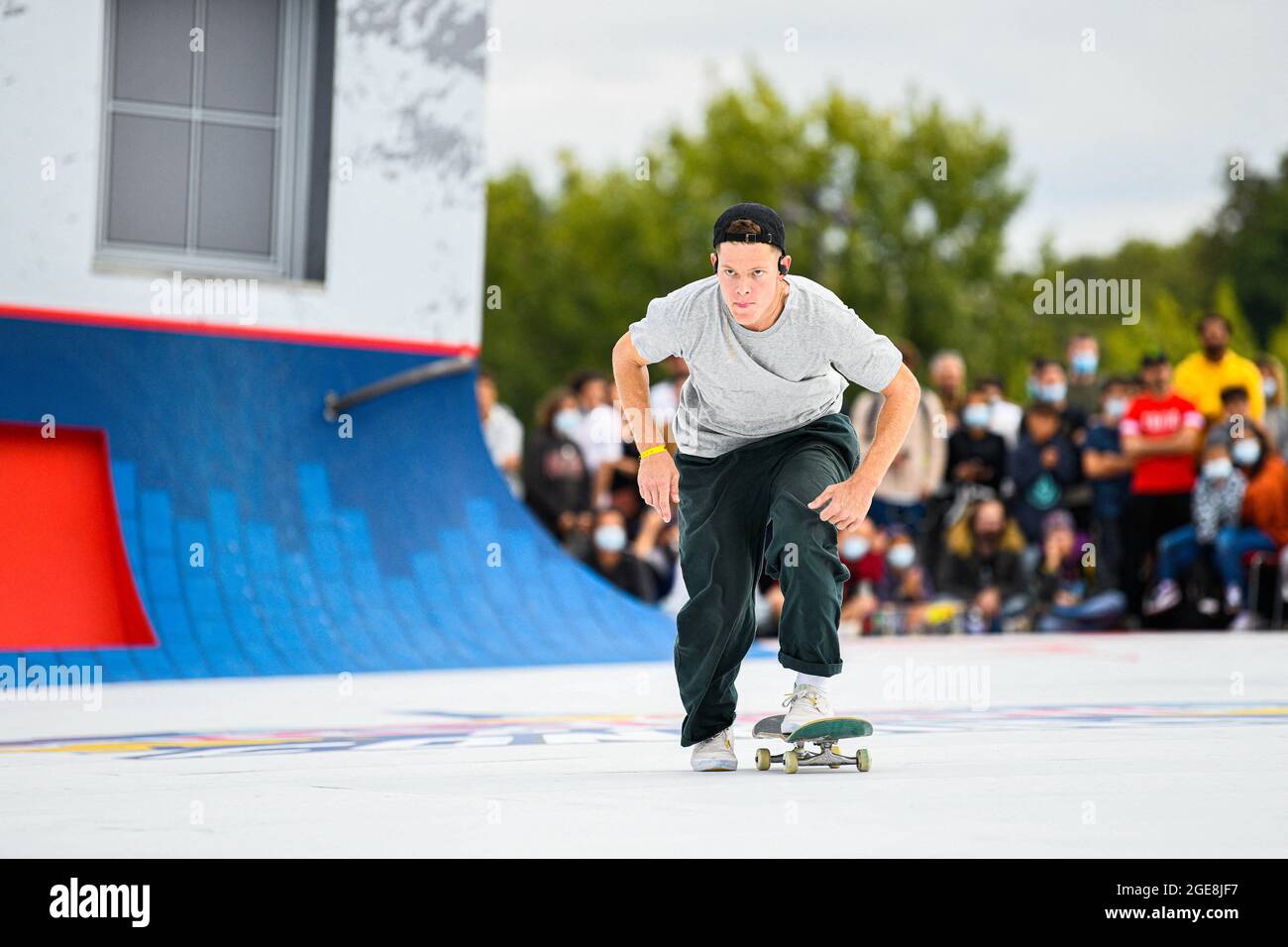 Paris, France. August 17, 2021, Jake Ilardi of United States of America  competes during the qualification day of the Red Bull Paris Conquest, where  some of the best street skaters in the