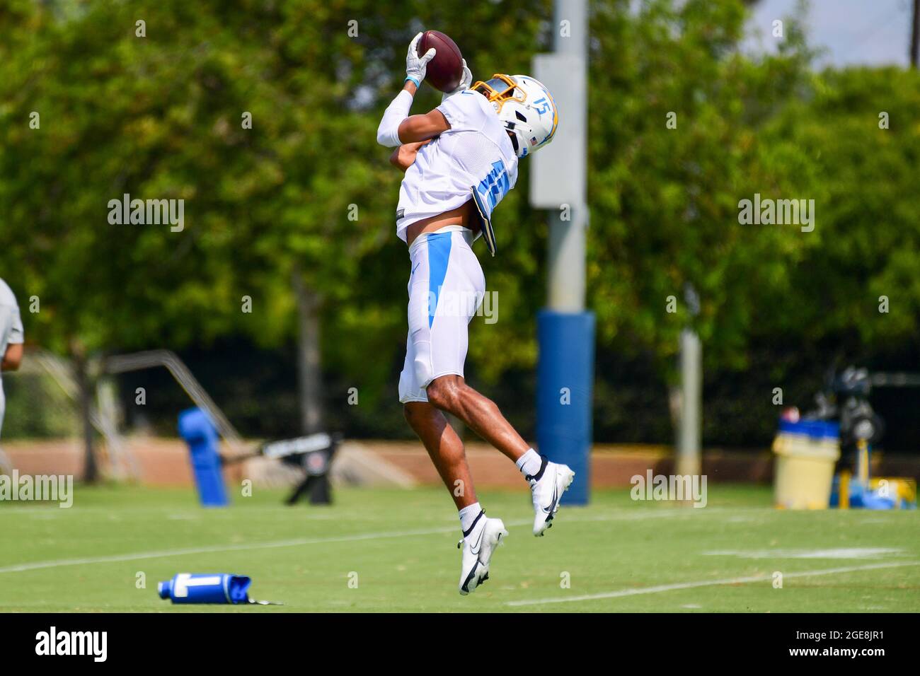 Los Angeles Chargers wide receiver Jalen Guyton (15) catches the ball during training camp on Tuesday, Aug 17, 2021, in Costa Mesa, Calif. (Dylan Stew Stock Photo