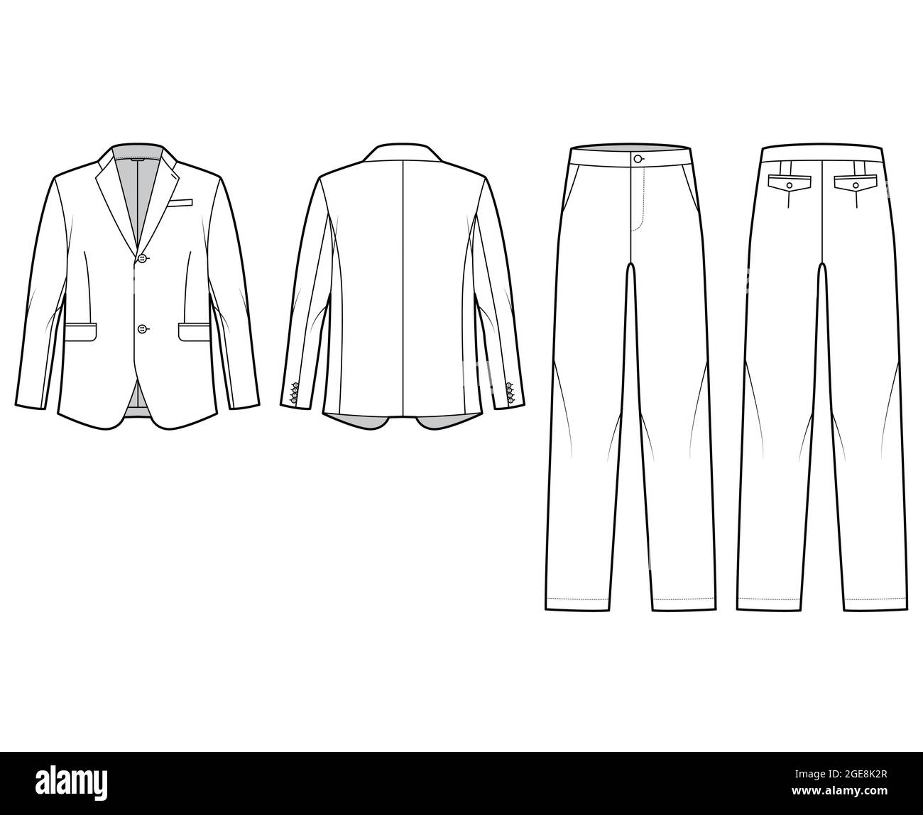 Set of Suits single breasted - classic trouser, jacket technical fashion illustration with two - pieces, oversized body, pockets. Flat template front, back, white color style. Women, men, unisex CAD Stock Vector