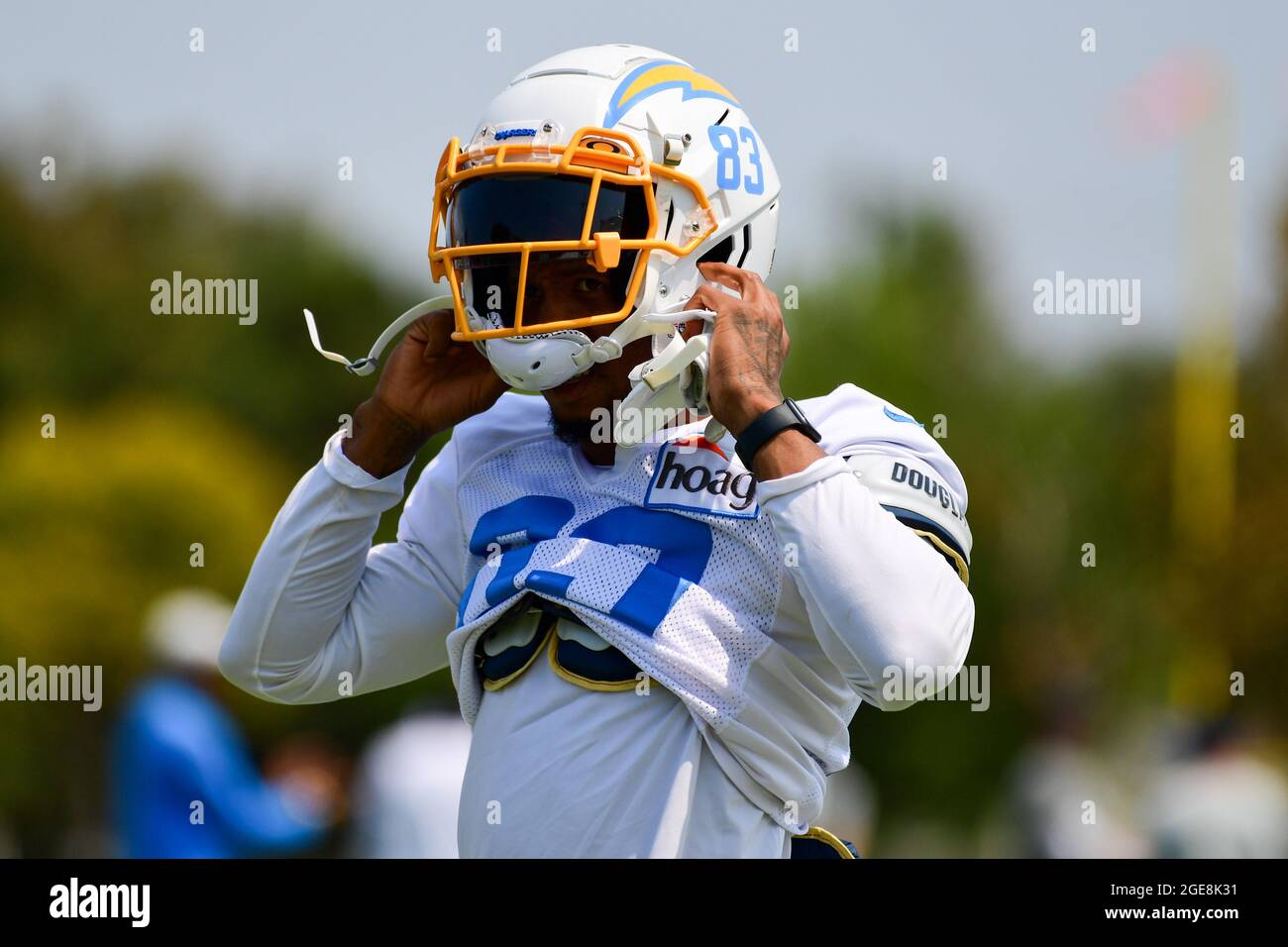 Los Angeles Chargers wire receiver Tyron Johnson (83) suits up during training camp on Tuesday, Aug 17, 2021, in Costa Mesa, Calif. (Dylan Stewart/Ima Stock Photo