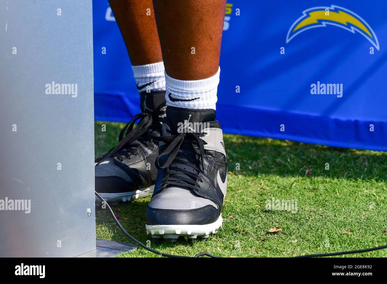Detailed view of the Jordan 1 cleats worn by Los Angeles Chargers
