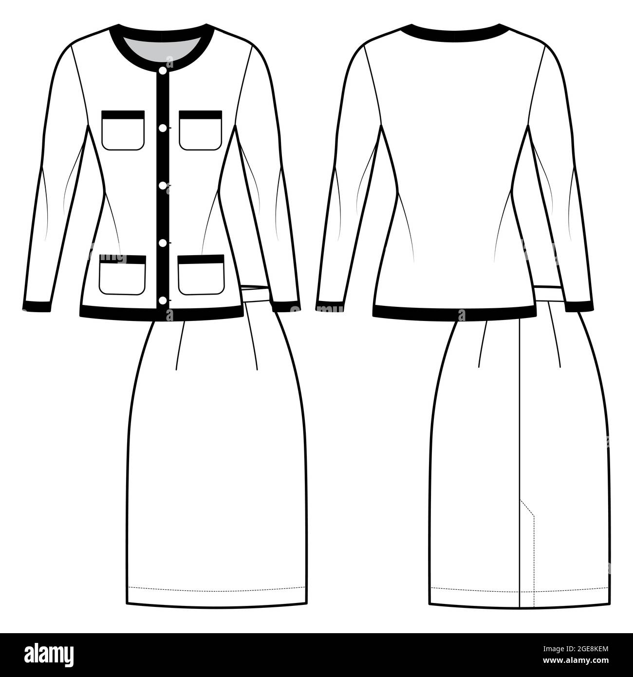 Set of Suit Chanel - style - classic skirt and blazer technical fashion  illustration with two - pieces, knee