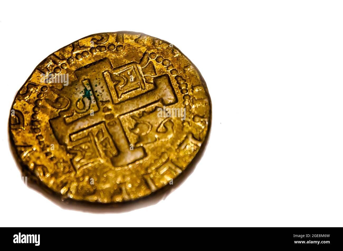 A replica of a 1736 Spanish doubloon is displayed at Fort Gaines museum, Aug. 12, 2021, in Dauphin Island, Alabama. Stock Photo