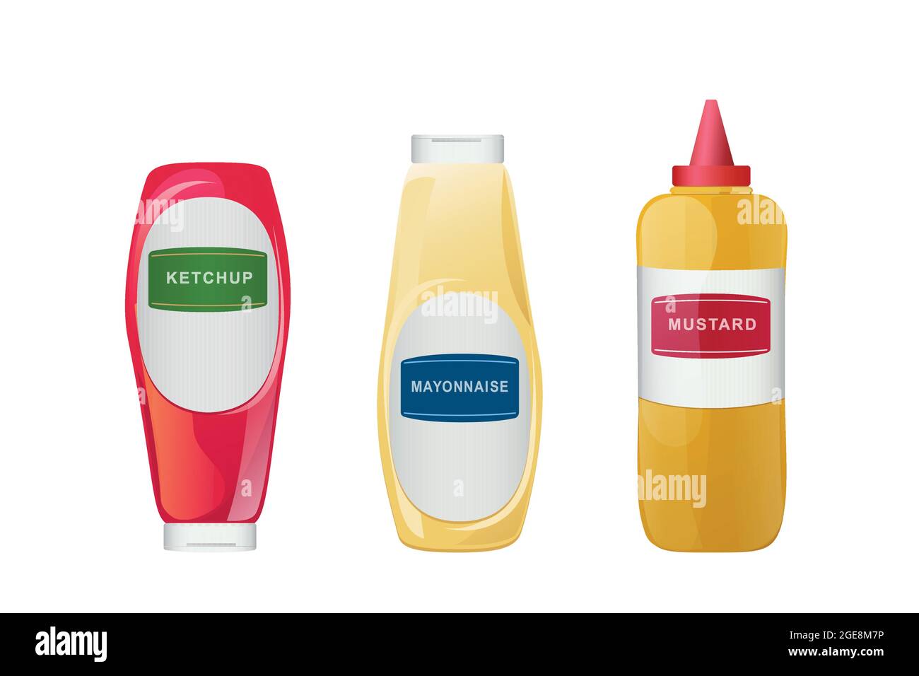Ketchup, mayonnaise, mustard sauces in bottles set. Realistic vector