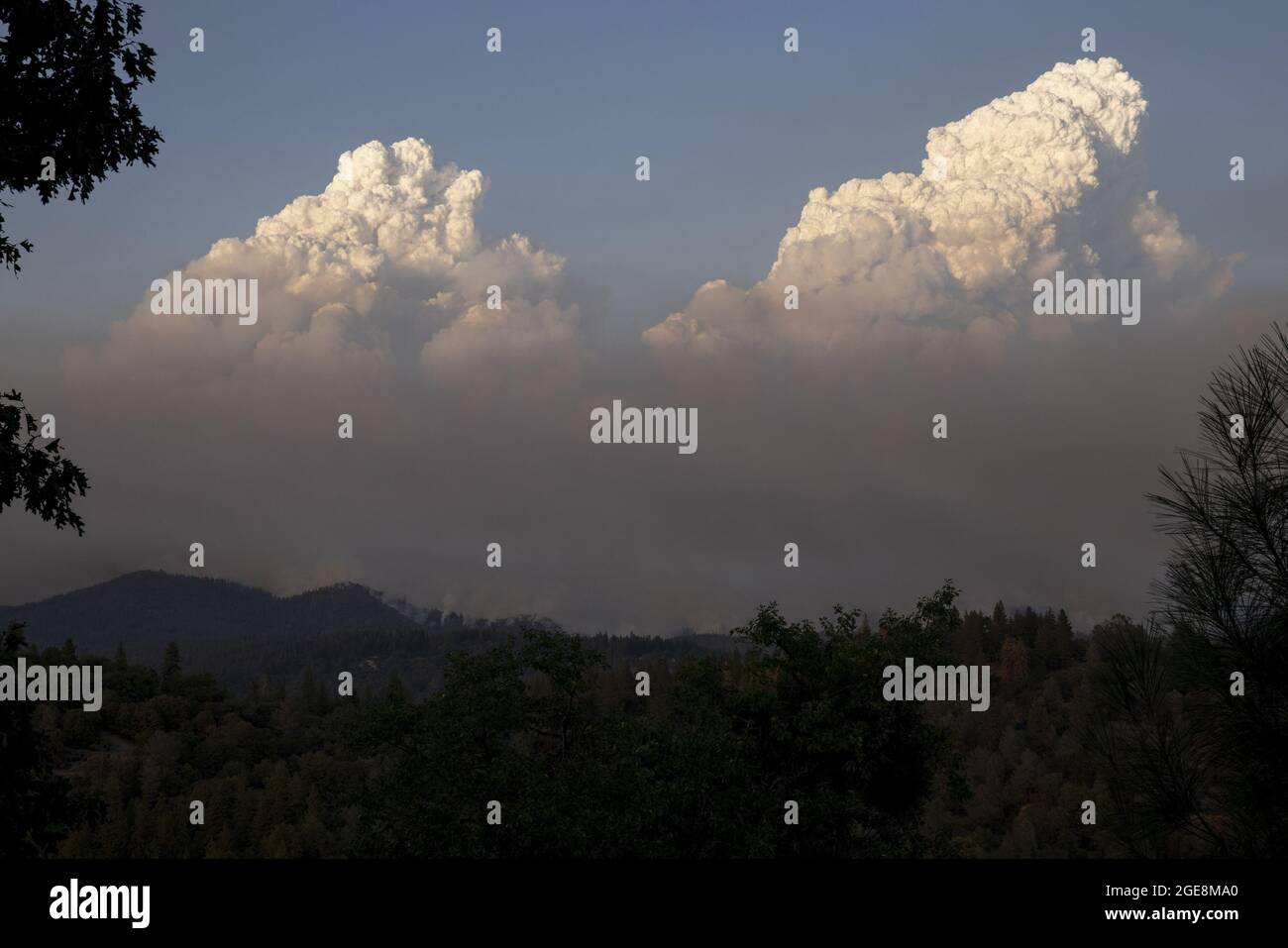 Grizzly Flats, United States. 18th Aug, 2021. Smoke columns rise over