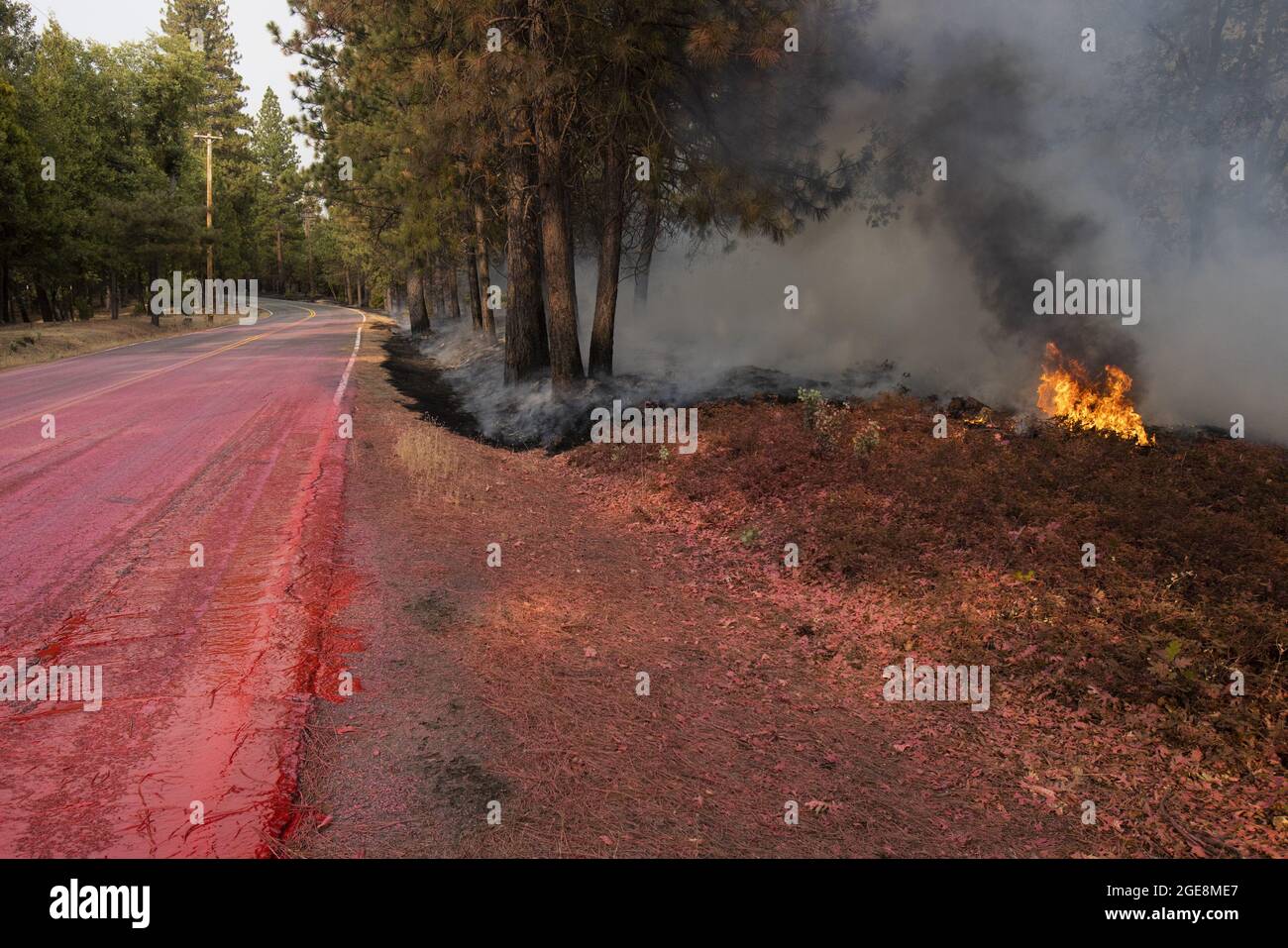 Grizzly Flats, United States. 18th Aug, 2021. Fire retardant dropped by