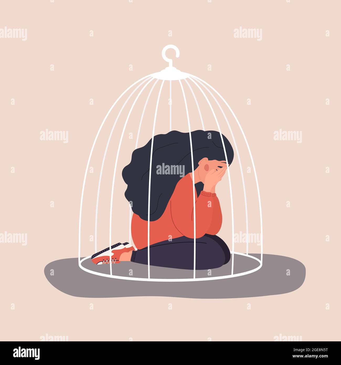 Woman locked in cage. Sad teenager sitting on floor and crying. Social isolation concept. Female empowerment movement. Violence in family. Vector Stock Vector