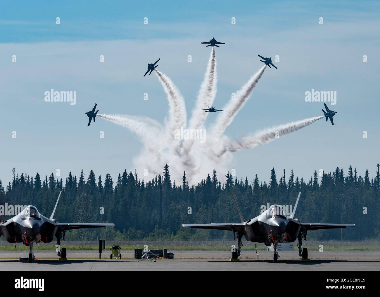 The U.S. Navy Blue Angels finish their aerial demonstration as U.S. Air