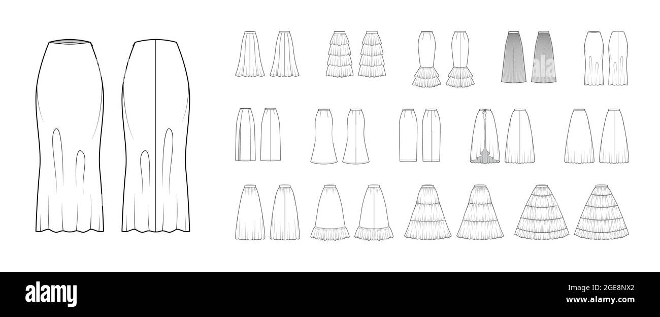 Set of Skirts maxi technical fashion illustration with floor lengths fitted silhouette, pencil circular fullness,. Flat bottom template front, back, white color style. Women men unisex CAD mockup Stock Vector