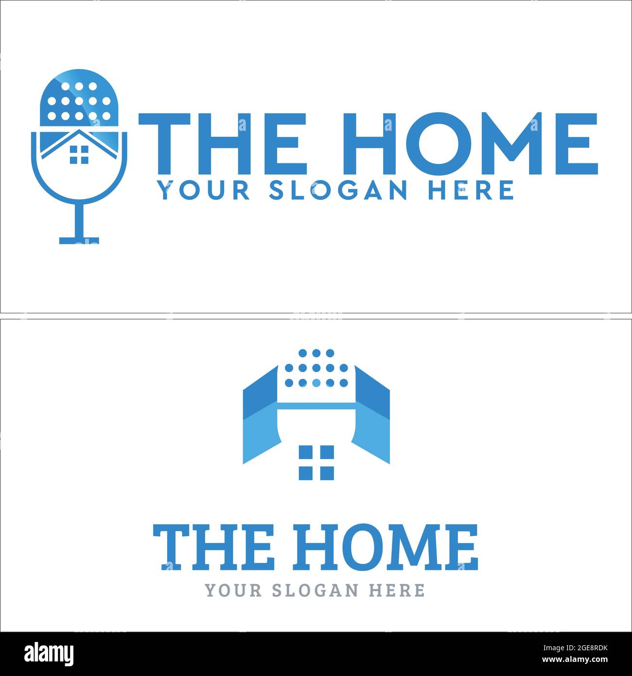 Blue home and microphone icon combination symbol initial logo design Stock Vector