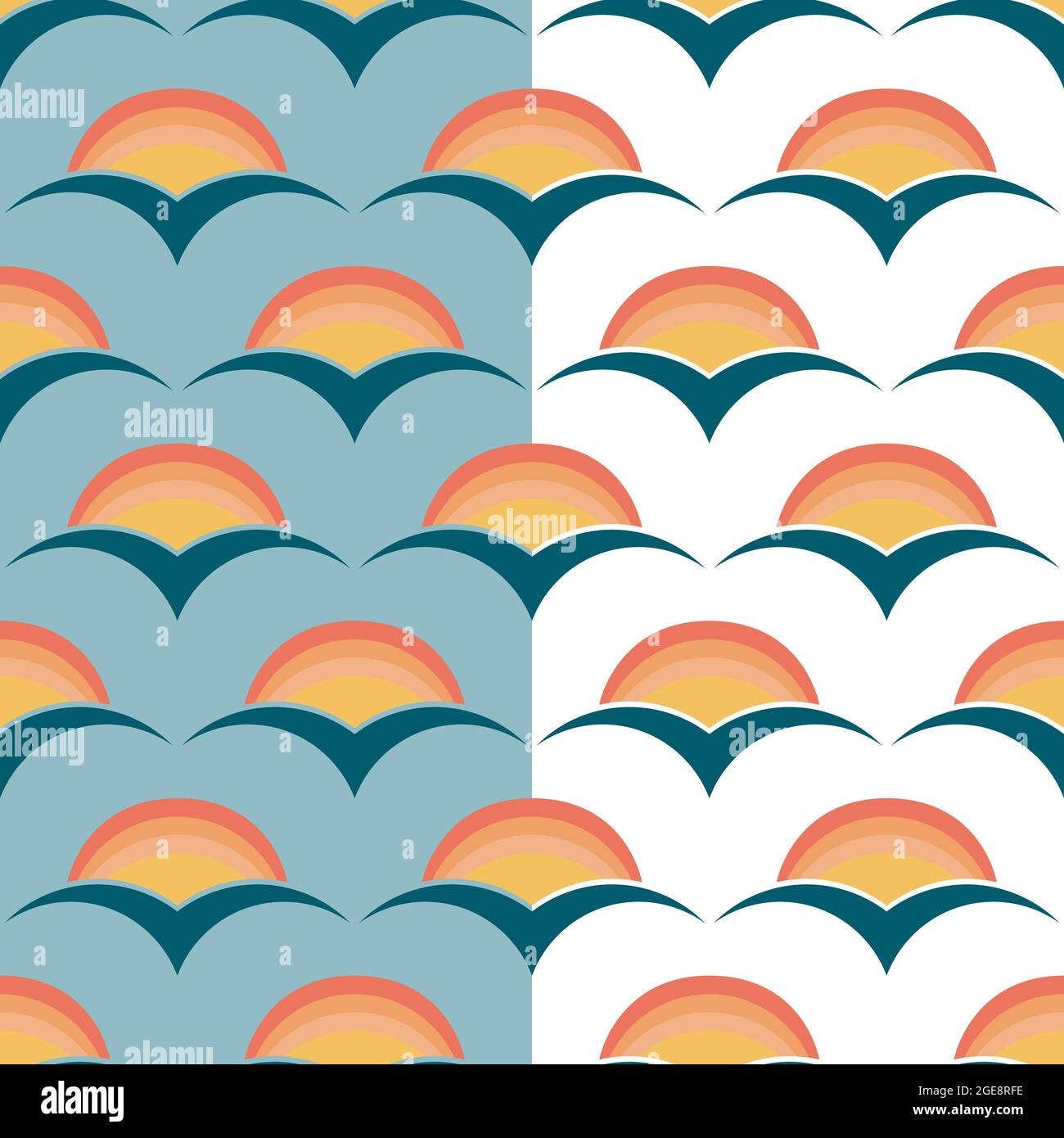 70s fashion style, rainbow sunset seamless pattern. Geometric half circle, stylized seagal shapes. Warm red yellow palette. Blue, white easy editable Stock Vector