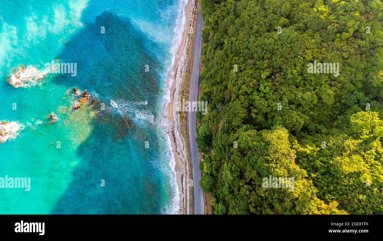Aerial shot of the sea surrounded by greenery and a beach under the ...