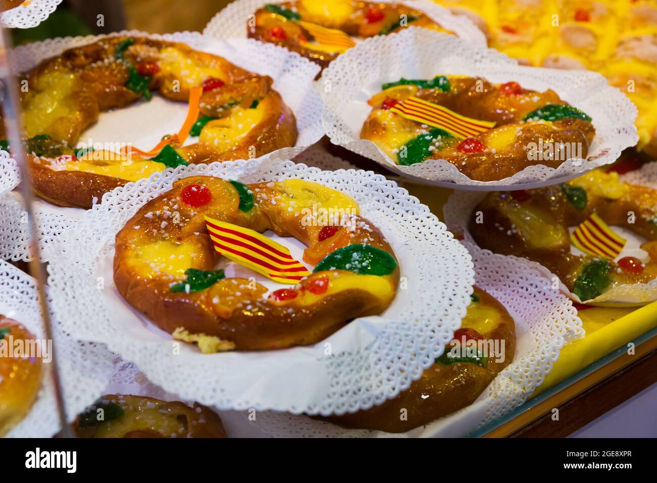 Delicious tortell ring shaped brioche decorated with sugared fruit