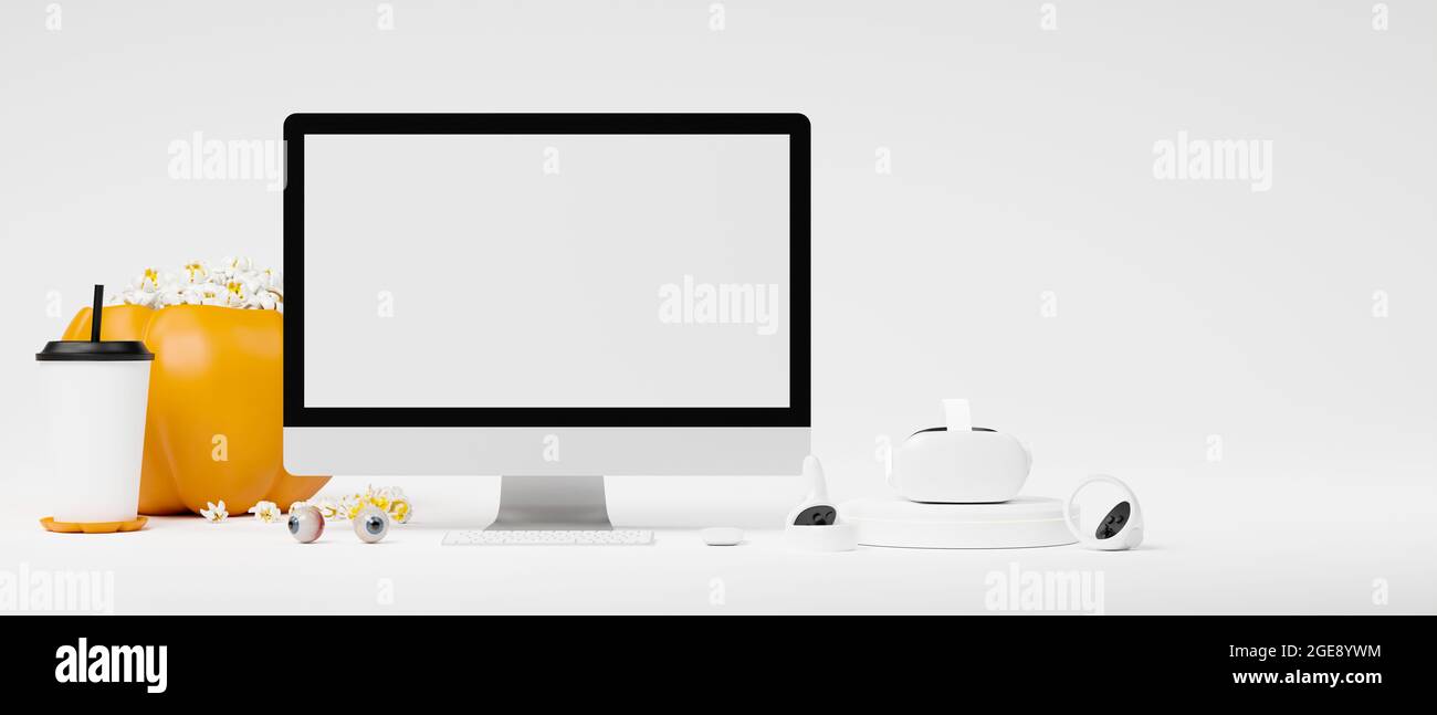 Movie night concept, computer desktop blank screen mockup, vr headset with joysticks, soda drink, popcorn, 3d rendering, 3d illustration Stock Photo