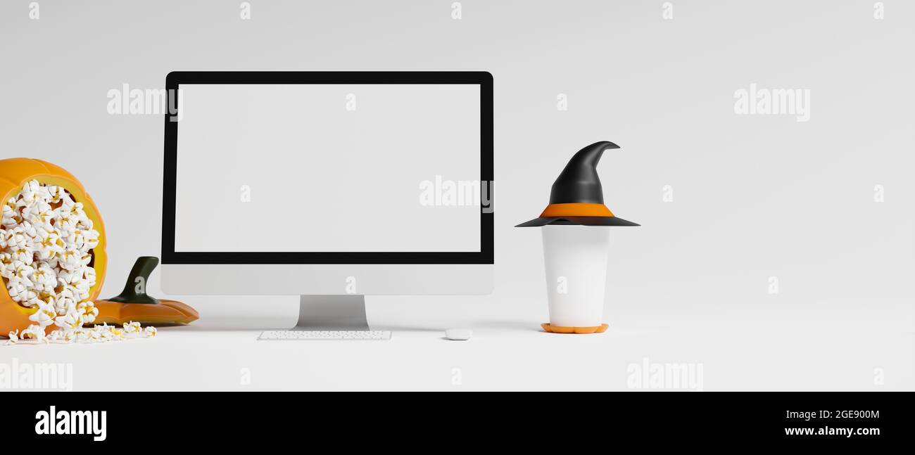 Computer Screen With Popcorn Computer monitor blank screen mockup, drinks, witch hat, popcorn ...
